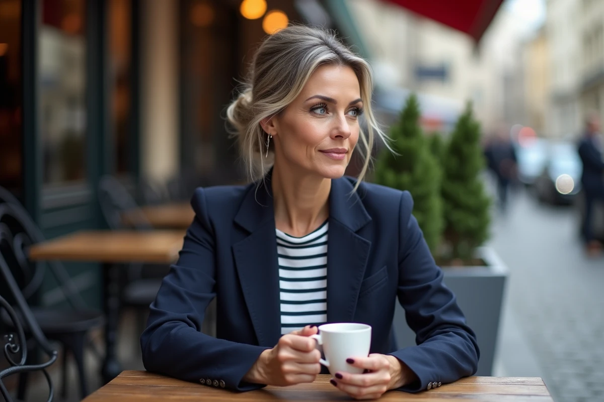 Femme élégante avec chignon gris naturel assumé attablée à une terrasse de café parisien