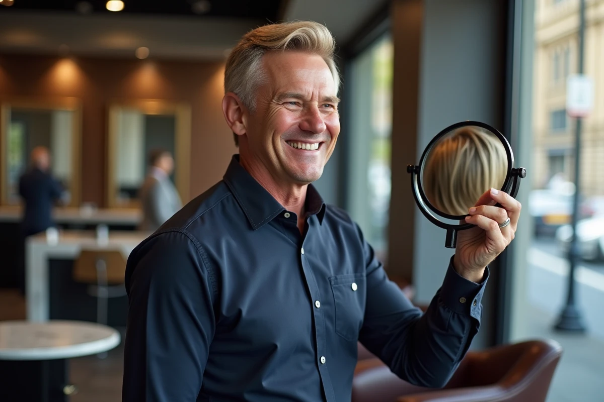 Homme souriant regardant ses reflets de cheveux blonds