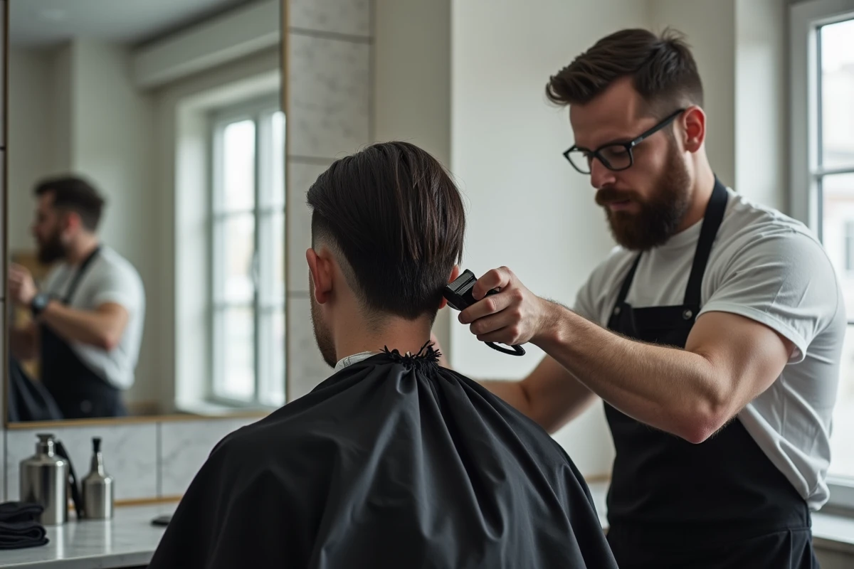 Coiffeur réalisant un dégradé bas sur un client aux cheveux longs dans un salon moderne, geste précis sur la nuque