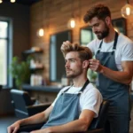 Jeune homme en salon coiffure avec coiffeur appliqué