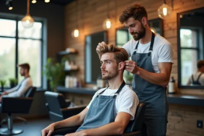 Jeune homme en salon coiffure avec coiffeur appliqué