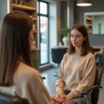 Femme dans un salon de coiffure regardant son reflet