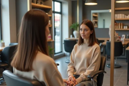 Femme dans un salon de coiffure regardant son reflet