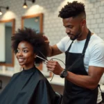 Coiffeur professionnel utilisant la technique tapper sur les cheveux bouclés d'une cliente dans un salon moderne