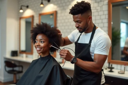 Coiffeur professionnel utilisant la technique tapper sur les cheveux bouclés d'une cliente dans un salon moderne