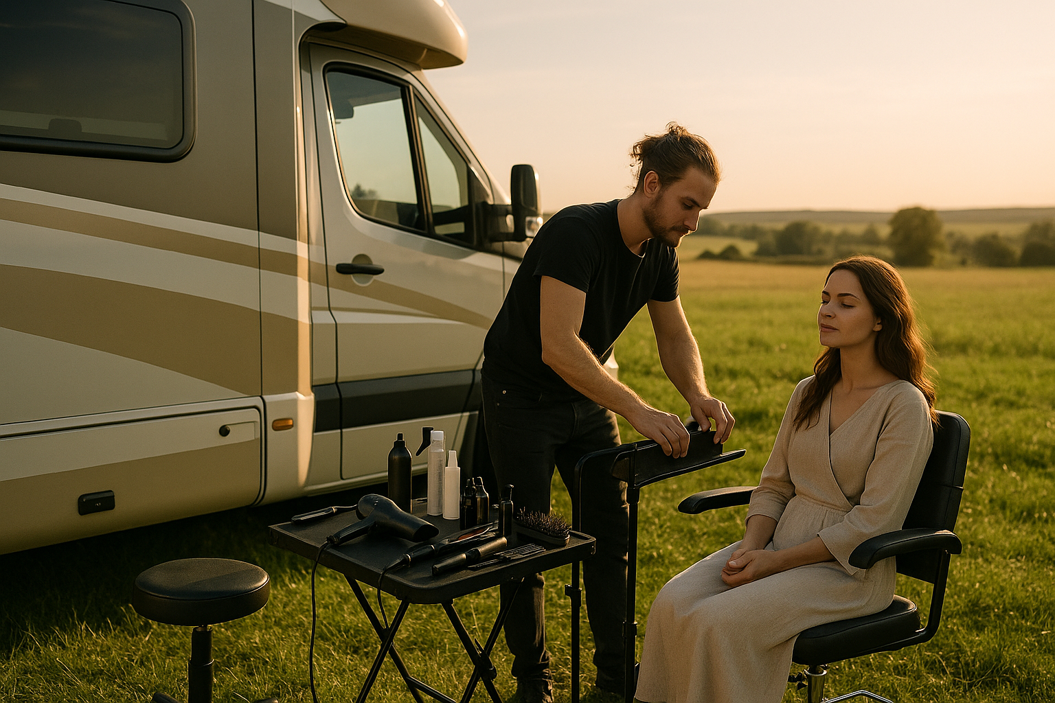 Coiffeur préparant un équipement dans un van de luxe en plein air au coucher du soleil