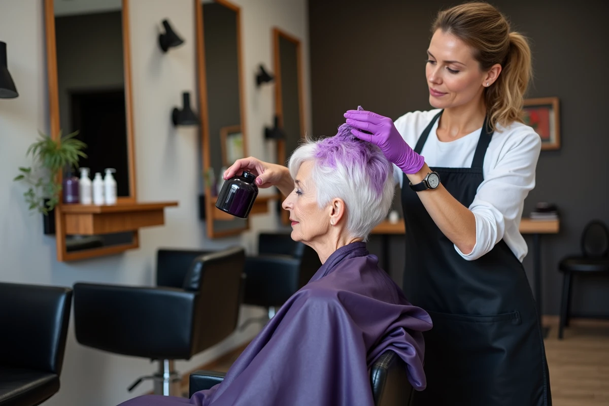 Coiffeuse professionnelle appliquant un shampoing violet sur les cheveux blancs d'une cliente en salon de coiffure moderne