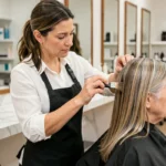 Coiffeuse professionnelle appliquant un balayage sur des cheveux fins grisonnants d'une cliente mature dans un salon moderne