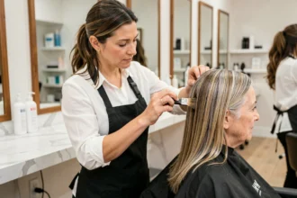 Coiffeuse professionnelle appliquant un balayage sur des cheveux fins grisonnants d'une cliente mature dans un salon moderne