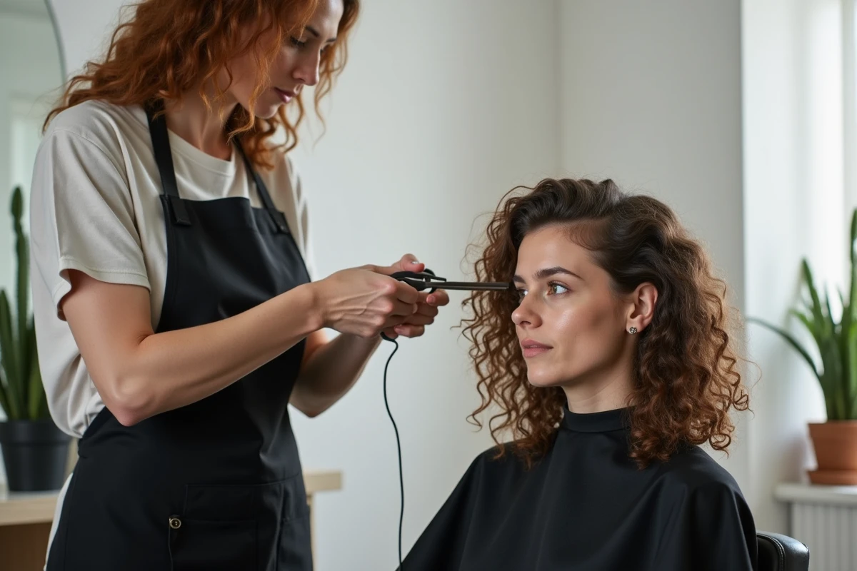 Coiffeuse professionnelle réalisant une coupe dégradée sur cheveux bouclés mi-longs dans un salon minimaliste