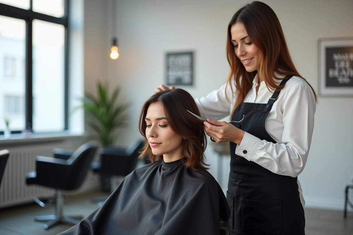 Coiffeuse professionnelle utilisant des ciseaux effileurs sur une cliente aux cheveux épais mi-longs
