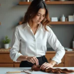 Coiffeuse préparant des extensions de cheveux brillantes dans un salon moderne