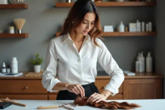 Coiffeuse préparant des extensions de cheveux brillantes dans un salon moderne