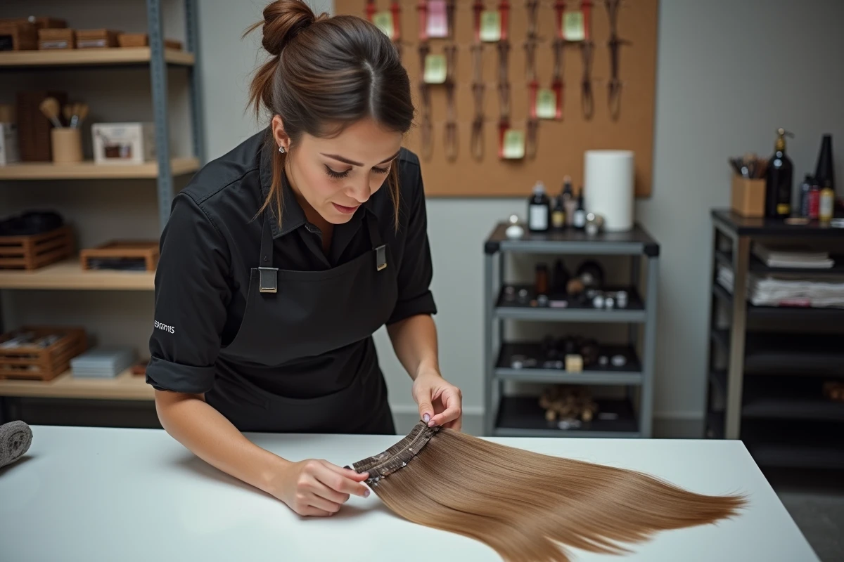 Coiffeuse professionnelle examinant attentivement des extensions de cheveux à clip pour détecter des défauts de qualité