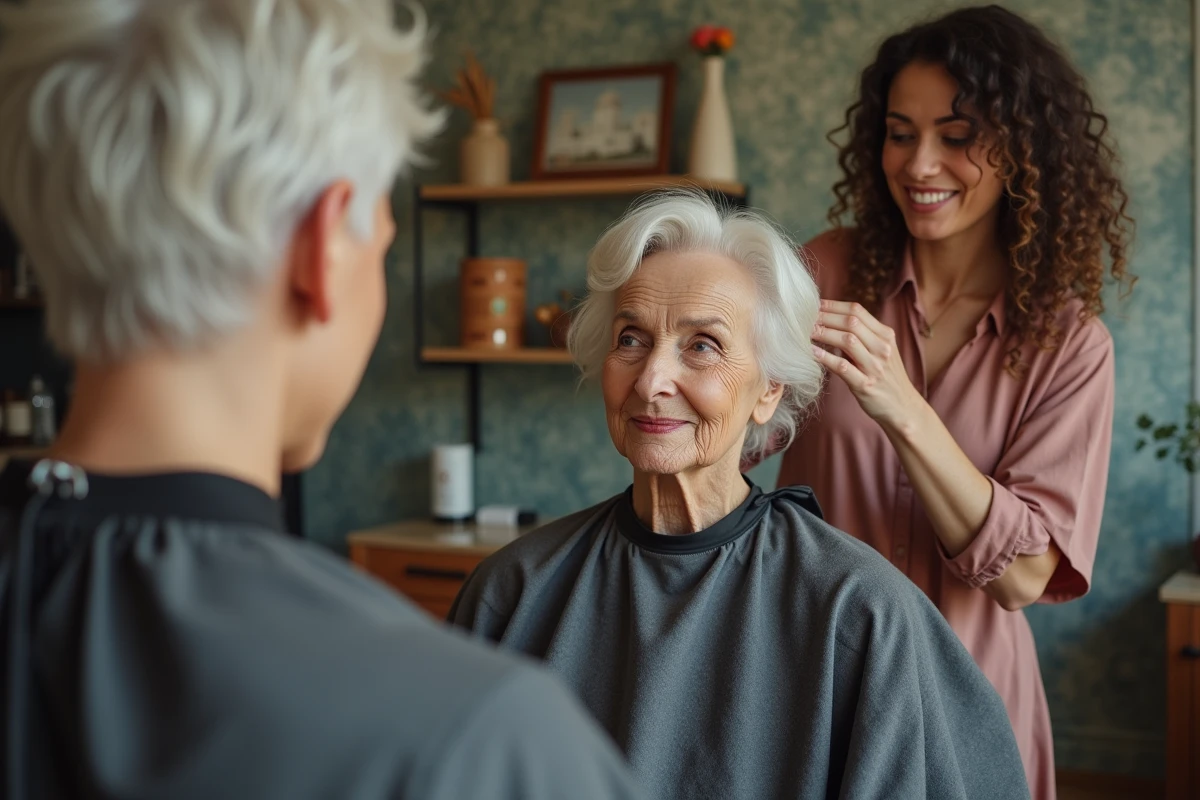 Coiffeuse coiffant une femme âgée dans un salon