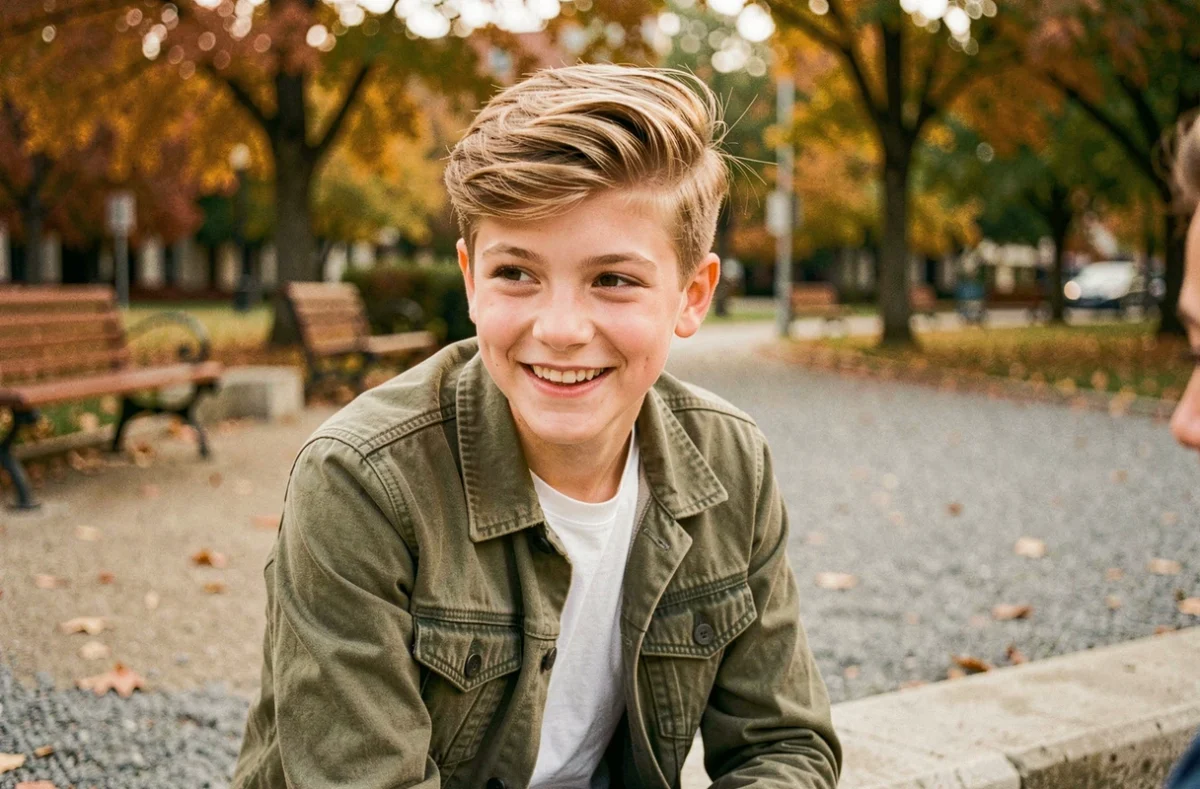 Adolescent de 14 ans aux cheveux épais blonds coiffés avec du gel dans un parc urbain en automne, style naturel décontracté