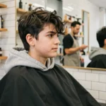Adolescent de 14 ans aux cheveux épais avec un épi, assis dans un fauteuil de barbier devant un miroir dans un salon moderne