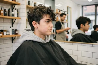 Adolescent de 14 ans aux cheveux épais avec un épi, assis dans un fauteuil de barbier devant un miroir dans un salon moderne