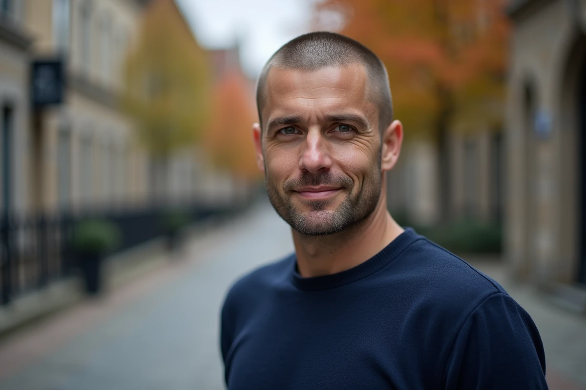 Homme aux cheveux fins et front dégagé avec une coupe buzz cut et fondu sur les côtés en extérieur urbain