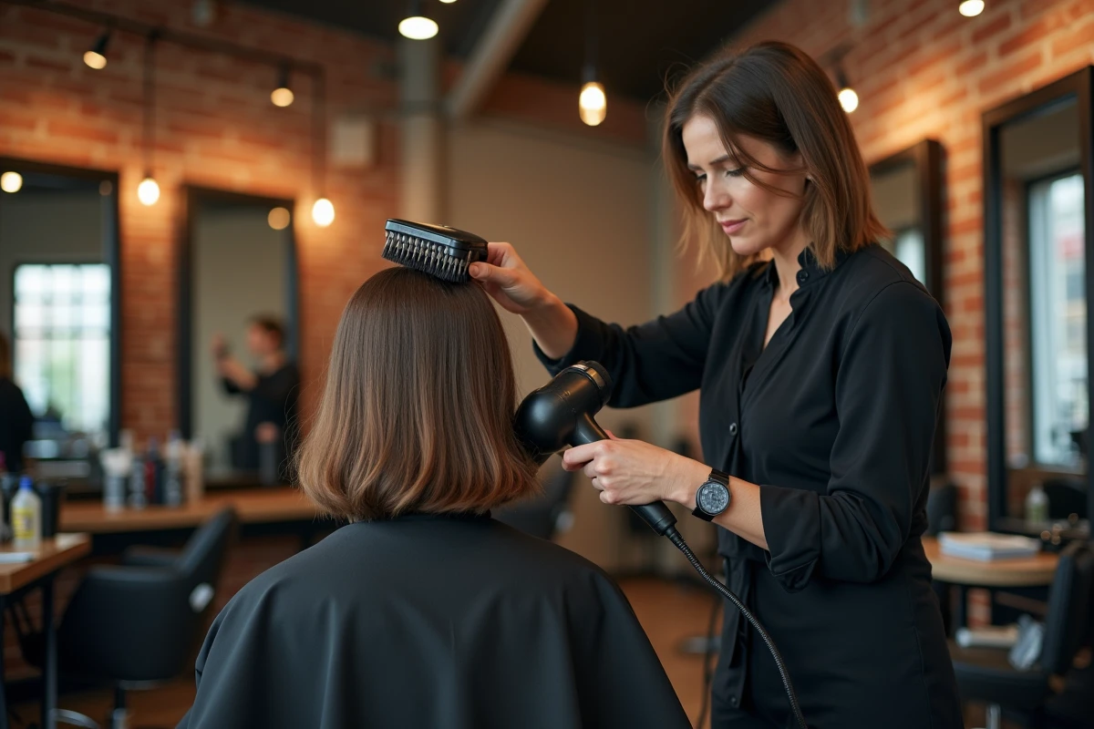 Coiffeuse professionnelle réalisant un carré dégradé sur cheveux fins dans un salon de coiffure moderne avec briques apparentes