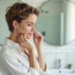 Femme aux cheveux courts tressant une petite tresse française le long de la racine dans sa salle de bain le matin