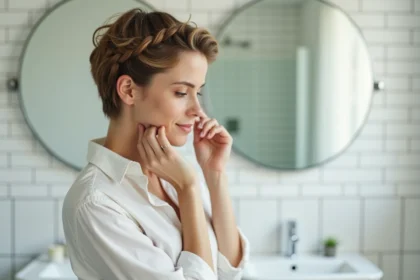 Femme aux cheveux courts tressant une petite tresse française le long de la racine dans sa salle de bain le matin