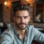 Homme aux cheveux fins avec front dégagé arborant un pompadour texturé dans un salon de coiffure moderne