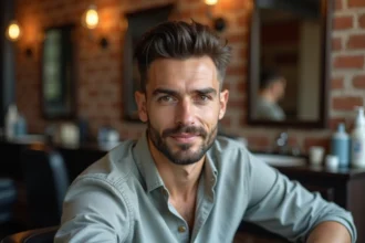 Homme aux cheveux fins avec front dégagé arborant un pompadour texturé dans un salon de coiffure moderne
