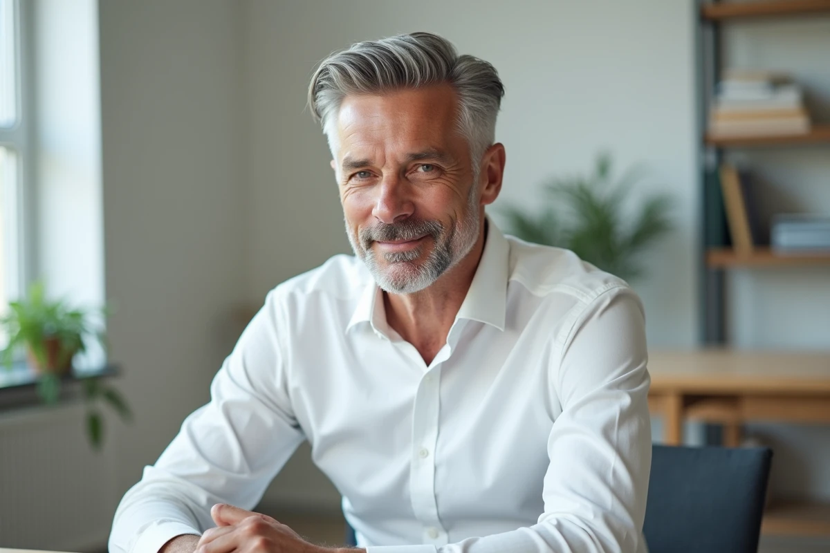 Homme d'une cinquantaine d'années aux cheveux fins argentés avec raie sur le côté et front dégagé dans un bureau moderne
