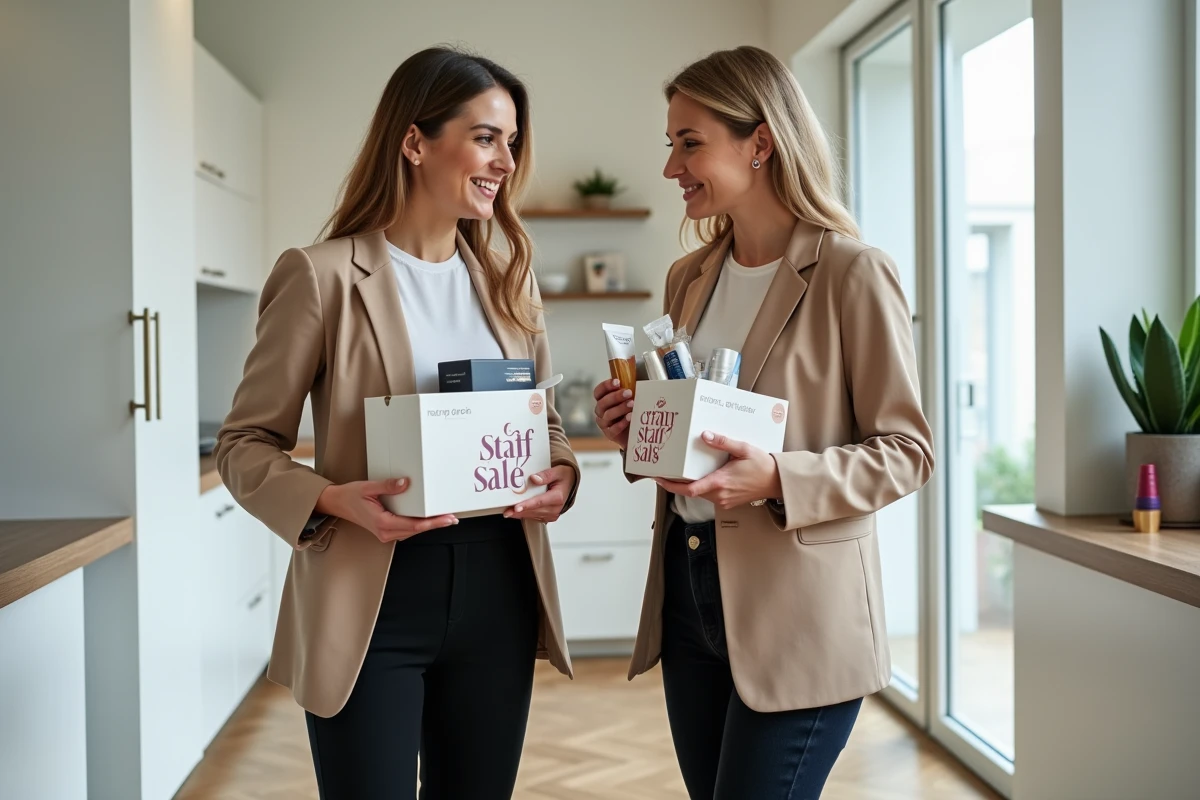 Deux collègues salariées L'Oréal comparant leurs achats lors d'une vente au personnel en salle de pause