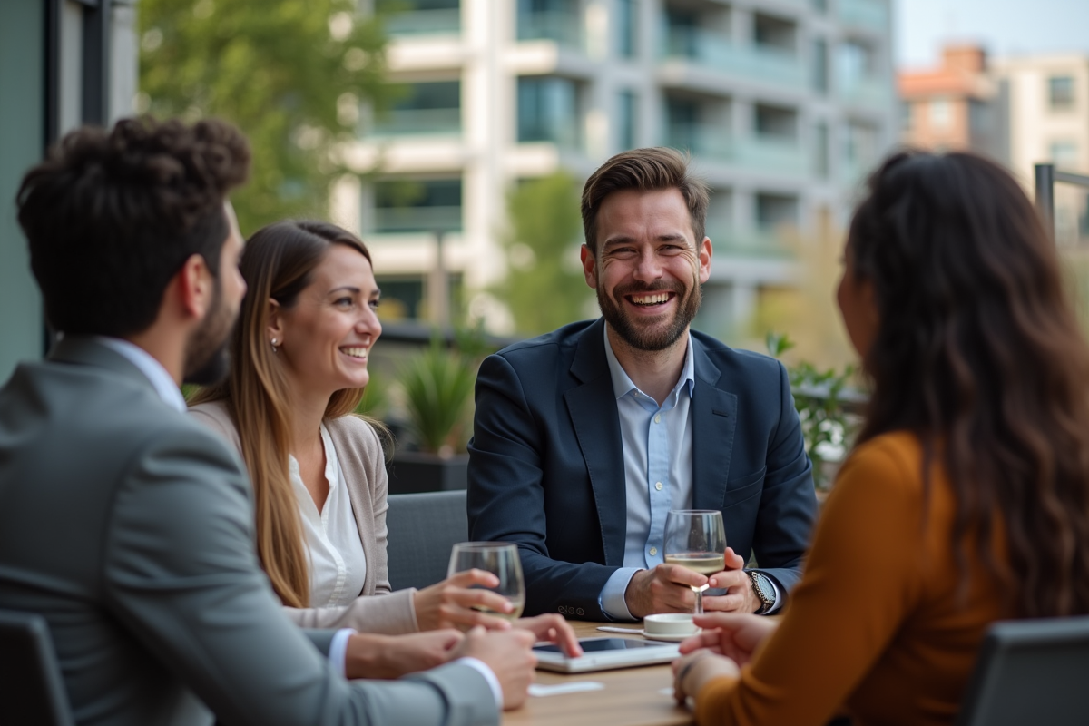 Groupe de collègues riant en terrasse urbaine