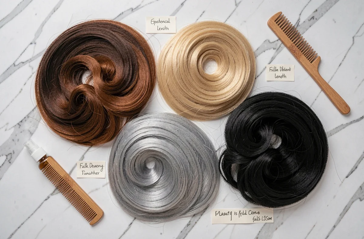 Vue aérienne de cinq perruques Kristia Wig en différents coloris et densités disposées sur marbre blanc
