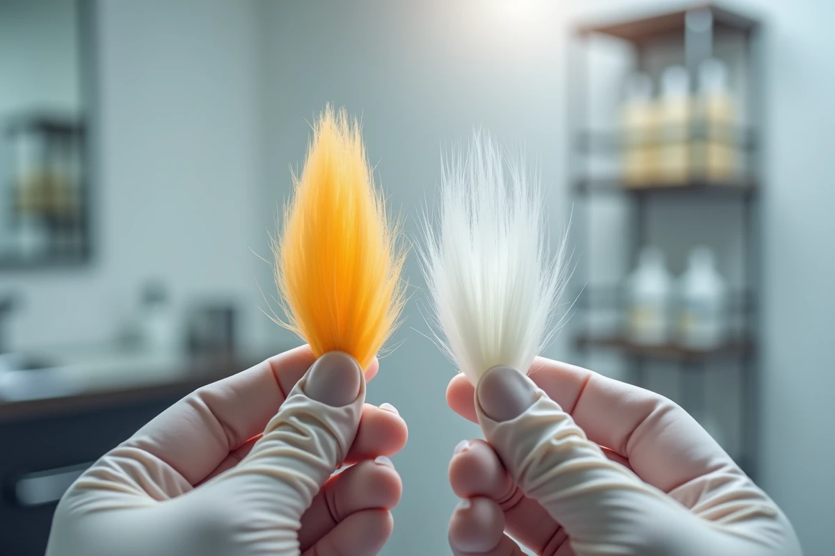 Comparaison de deux mèches de cheveux blancs, l'une avec effet bétadine orangé et l'autre corrigée par shampoing violet