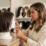 Femme comparant plusieurs perruques Kristia Wig de différentes longueurs sur des têtes de mannequin dans une coiffeuse moderne