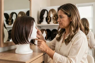 Femme comparant plusieurs perruques Kristia Wig de différentes longueurs sur des têtes de mannequin dans une coiffeuse moderne