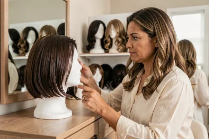 Femme comparant plusieurs perruques Kristia Wig de différentes longueurs sur des têtes de mannequin dans une coiffeuse moderne