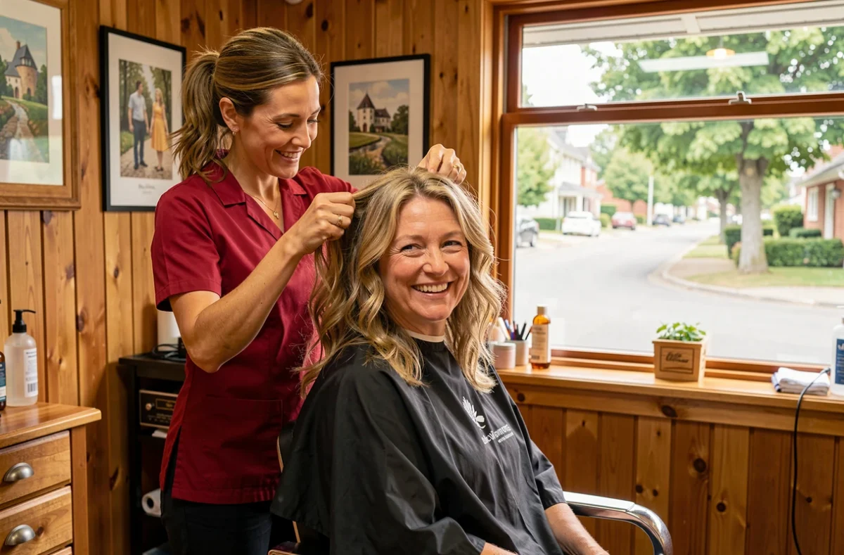 Coiffeuse souriante du salon Coup de Tête à Olivet réalisant une coupe pour une cliente dans une ambiance chaleureuse