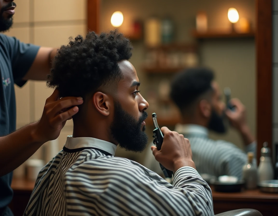 Barbier en train de réaliser une coupe buzz cut sur un homme aux cheveux bouclés vu dans le miroir du salon