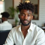 Homme jeune avec coupe tapered fade sur cheveux frisés naturels assis dans un salon de coiffure moderne