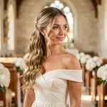 Mariée aux longs cheveux bouclés ornés d'épingles en perles dans une chapelle provençale