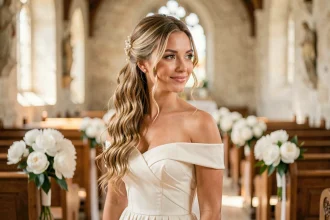 Mariée aux longs cheveux bouclés ornés d'épingles en perles dans une chapelle provençale