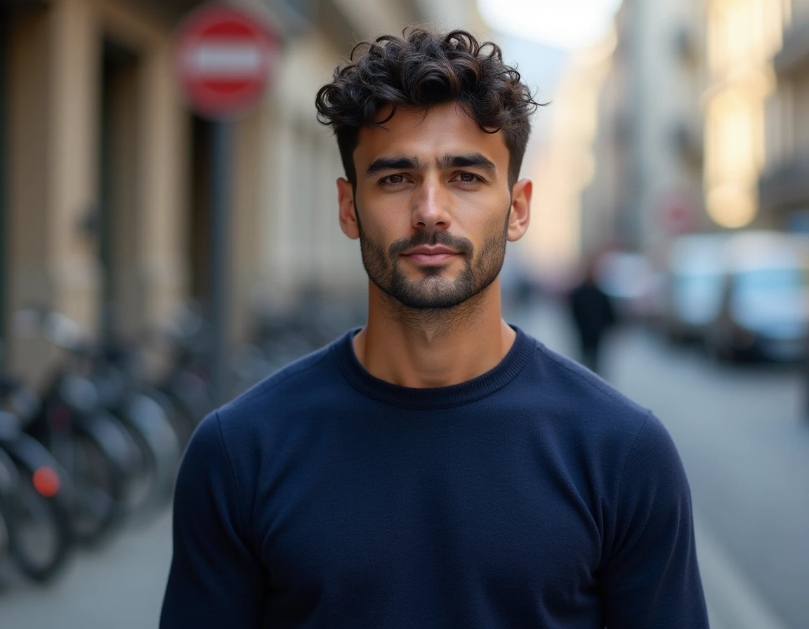 Homme méditerranéen aux cheveux frisés coupe courte texturée en ville portant un pull bleu marine