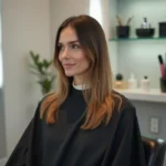Femme aux cheveux fins et raides avec une coupe dégradée en salon de coiffure moderne