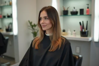 Femme aux cheveux fins et raides avec une coupe dégradée en salon de coiffure moderne