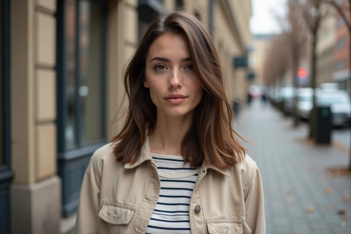 Femme aux cheveux fins et raides en extérieur avec coupe dégradée donnant du volume