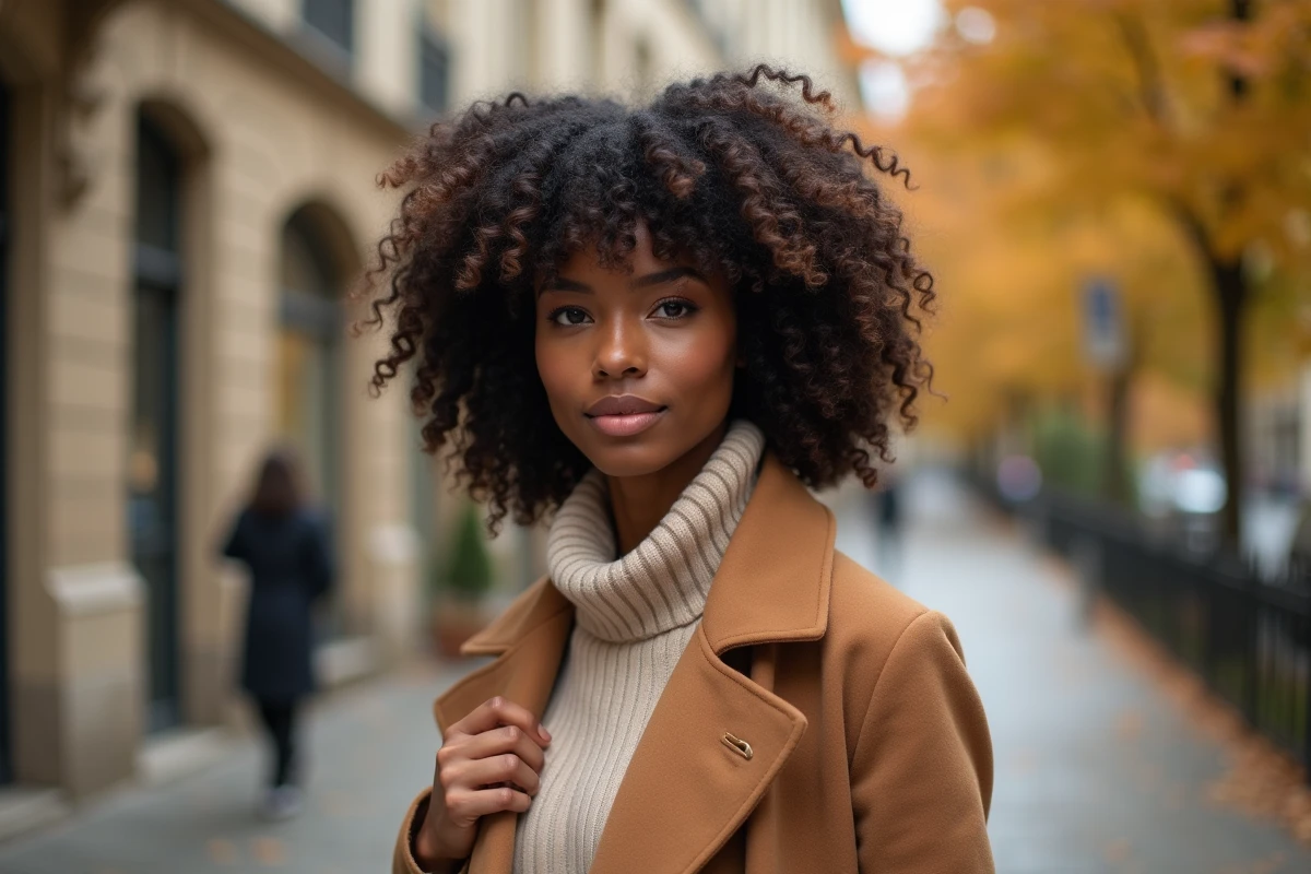 Femme aux boucles volumineuses avec coupe dégradée mi-longue en extérieur dans une rue parisienne en automne