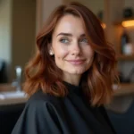 Femme aux cheveux épais mi-longs avec coupe dégradée en salon de coiffure