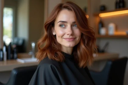 Femme aux cheveux épais mi-longs avec coupe dégradée en salon de coiffure