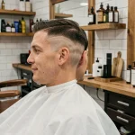 Homme aux cheveux courts avec un dégradé en V fondu réalisé en salon de coiffure urbain