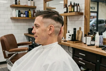 Homme aux cheveux courts avec un dégradé en V fondu réalisé en salon de coiffure urbain